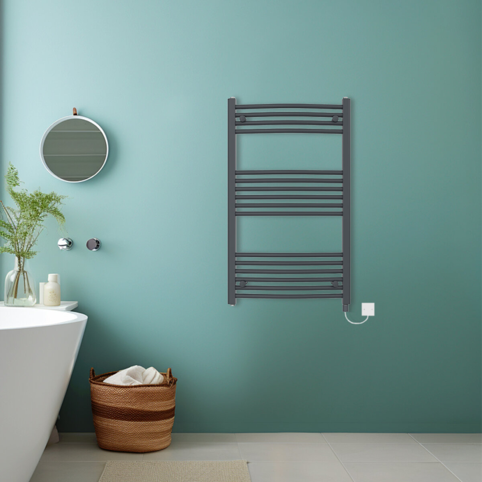 (Anthracite, 1000x600mm) Bathroom Curved Prefilled Electric Heated Towel Rail Ladder Warmer Radiator