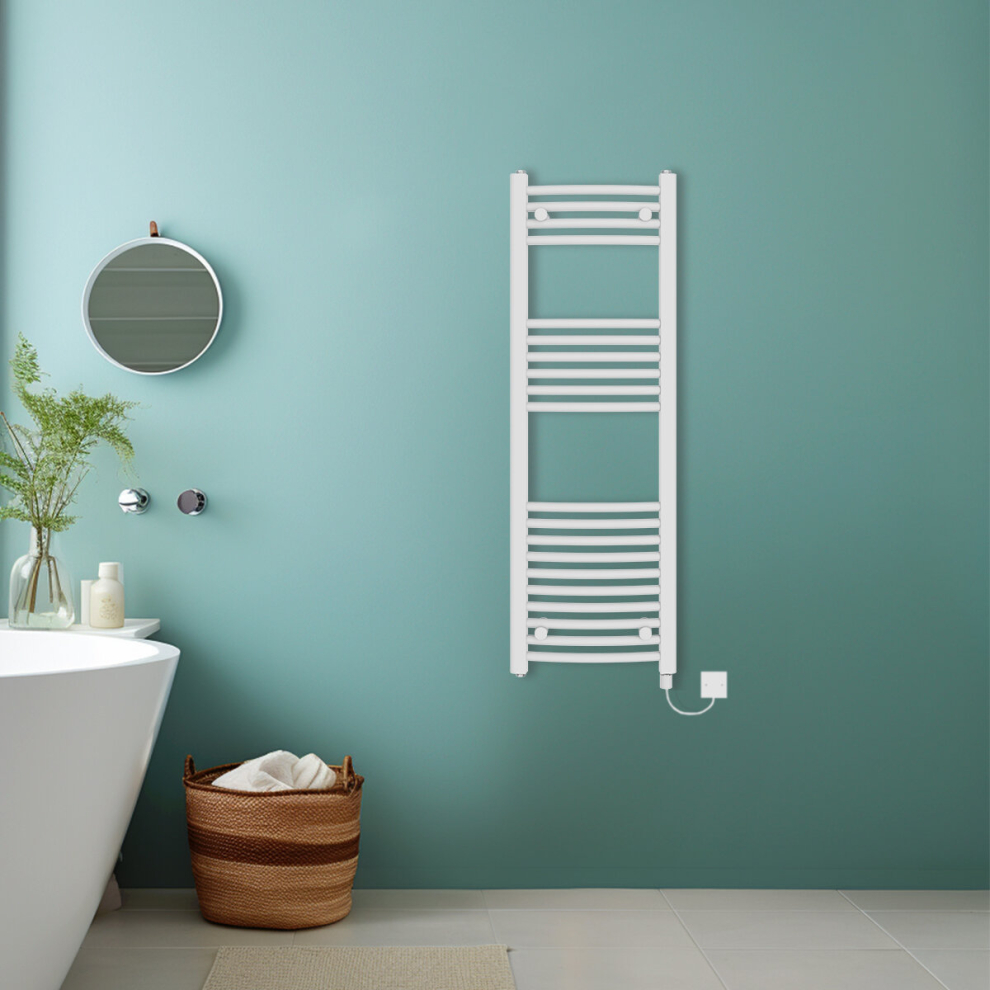 (White, 1200x400mm) Bathroom Curved Prefilled Electric Heated Towel Rail Ladder Warmer Radiator