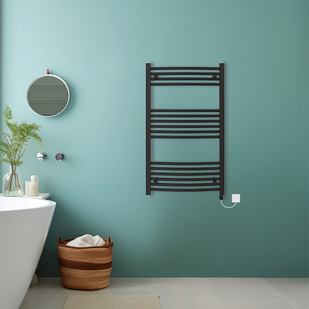 (Black, 1000x600mm) Bathroom Curved Prefilled Electric Heated Towel Rail Ladder Warmer Radiator