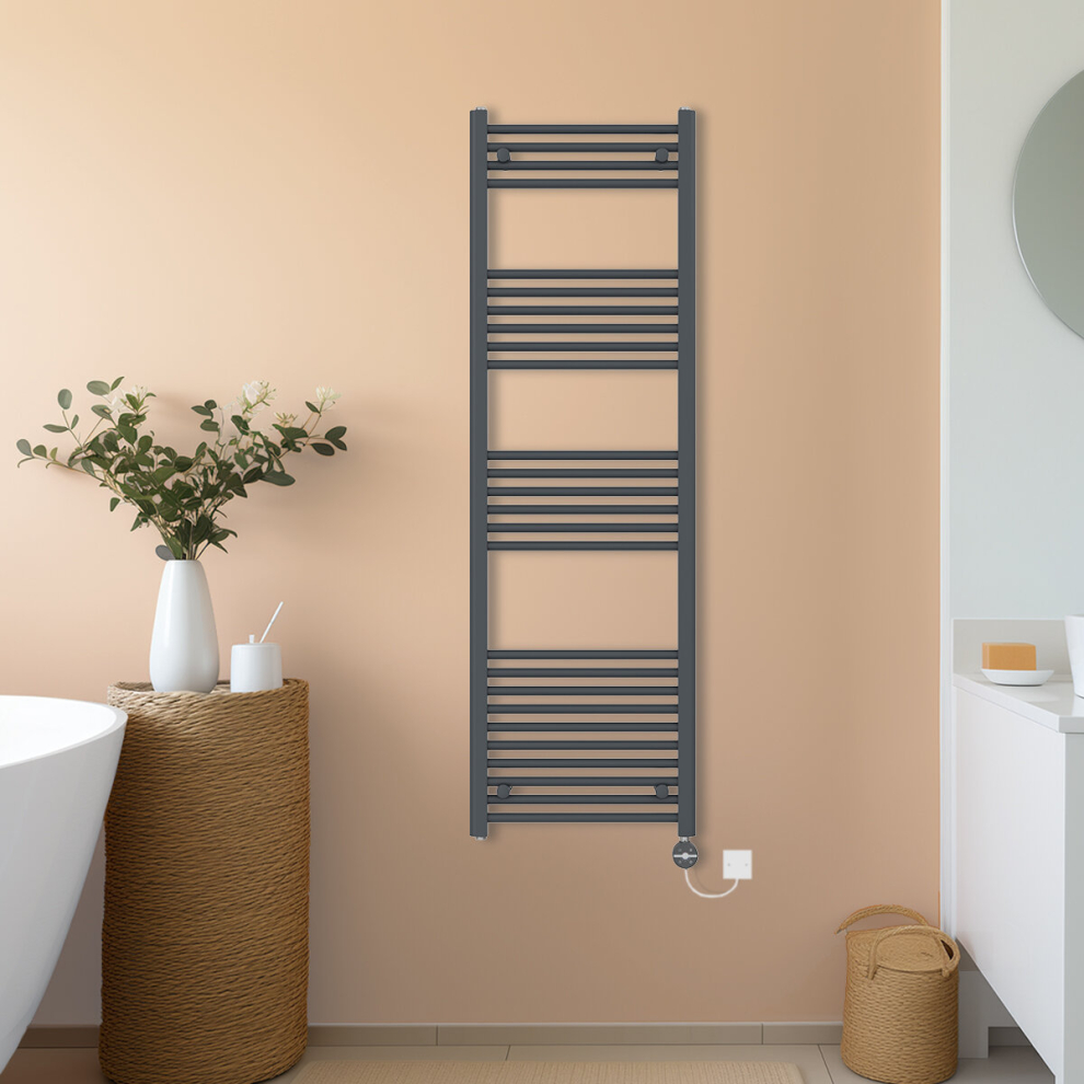 (Anthracite, 1600x500mm) NRG Prefilled Thermostatic Electric Straight Heated Towel Rail Radiator