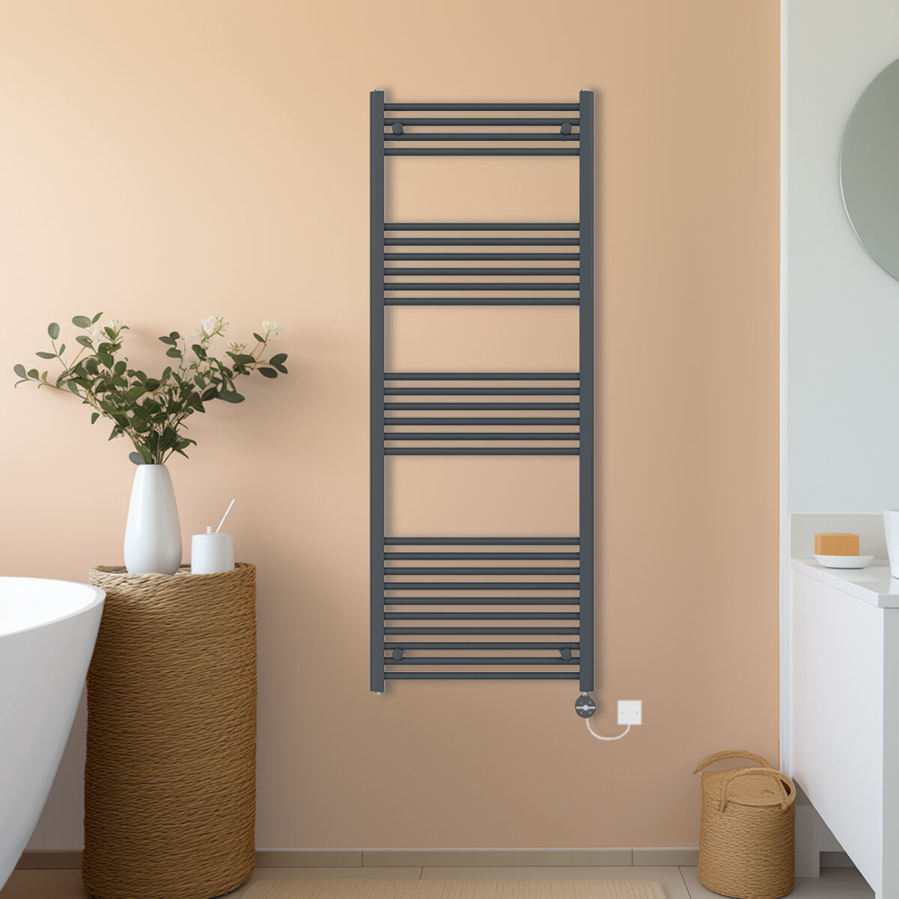 (Anthracite, 1600x600mm) NRG Prefilled Thermostatic Electric Straight Heated Towel Rail Radiator