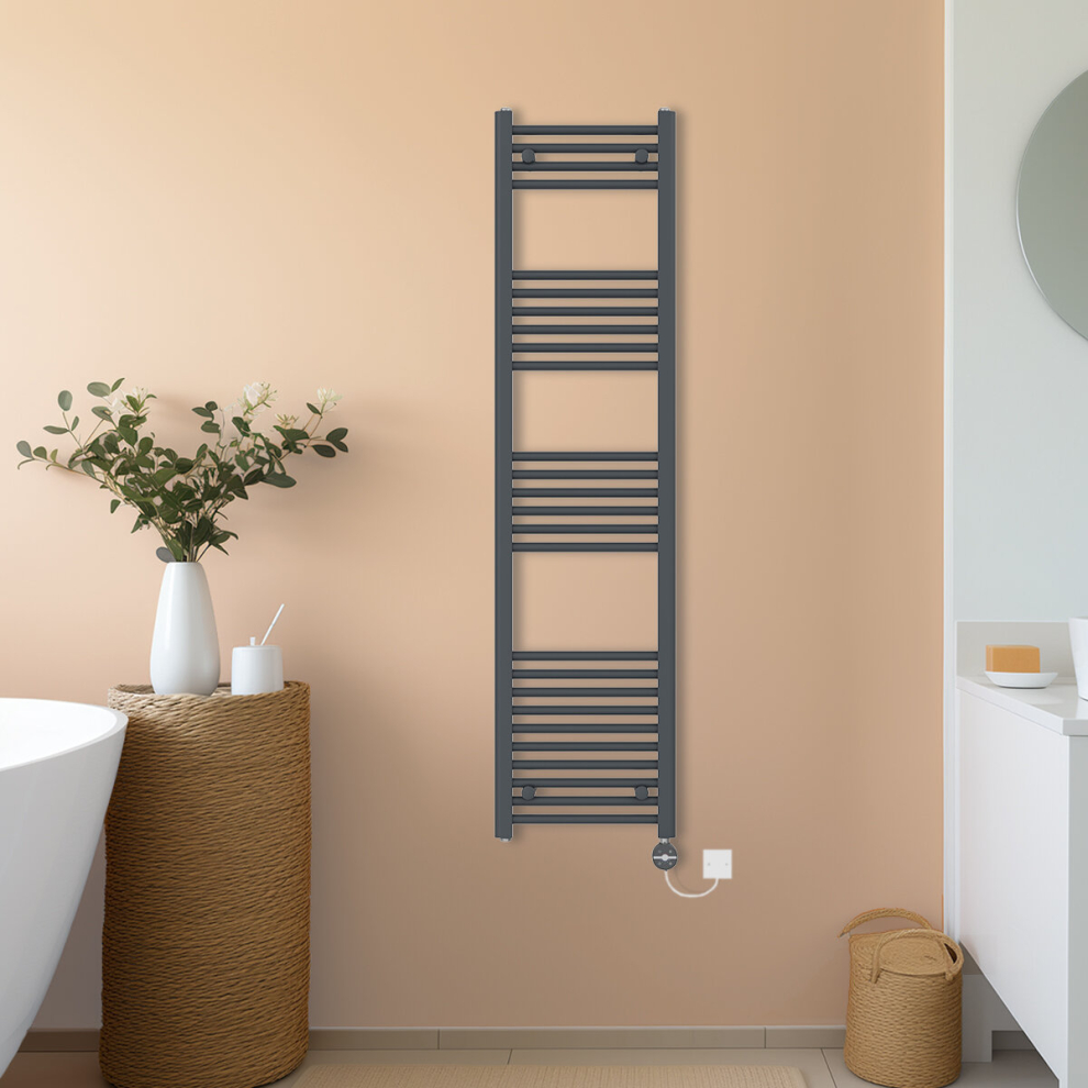 (Anthracite, 1600x400mm) NRG Prefilled Thermostatic Electric Straight Heated Towel Rail Radiator