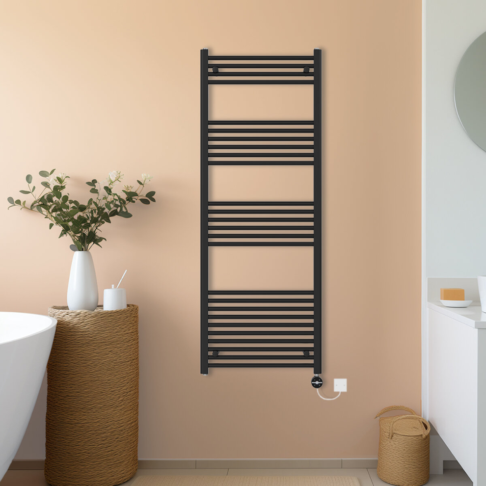 (Black, 1600x600mm) NRG Prefilled Thermostatic Electric Straight Heated Towel Rail Radiator