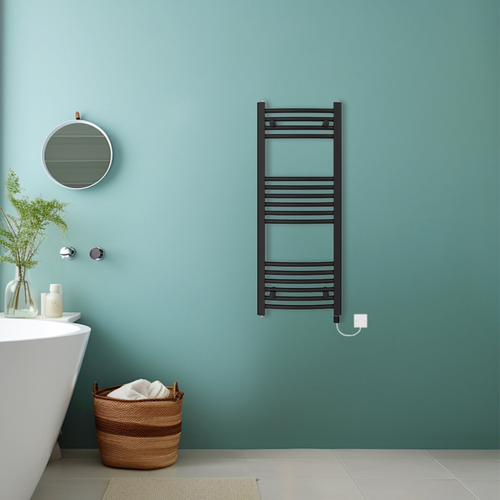 (Black, 1000x400mm) Bathroom Curved Prefilled Electric Heated Towel Rail Ladder Warmer Radiator