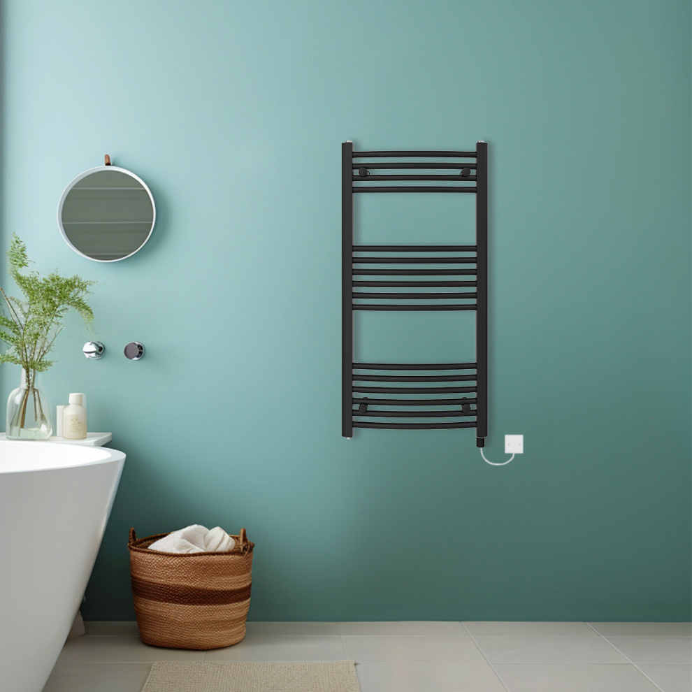 (Black, 1000x500mm) Bathroom Curved Prefilled Electric Heated Towel Rail Ladder Warmer Radiator