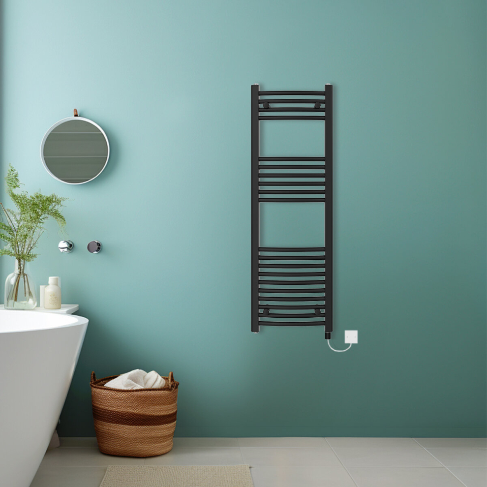 (Black, 1200x400mm) Bathroom Curved Prefilled Electric Heated Towel Rail Ladder Warmer Radiator