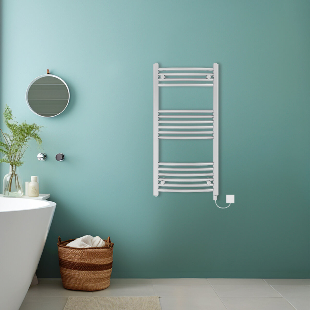 (Chrome, 1000x500mm) Bathroom Curved Prefilled Electric Heated Towel Rail Ladder Warmer Radiator