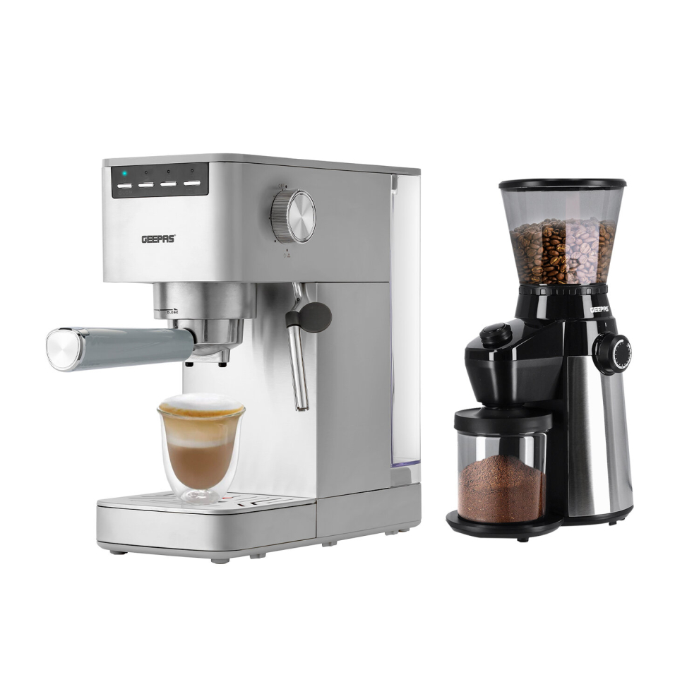 (Silver & Black) Geepas Coffee Machine &Conical Burr Coffee Grinder