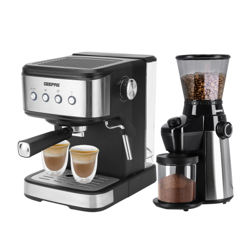 (Silver & Black) Geepas Coffee Machine &Conical Burr Coffee Grinder on