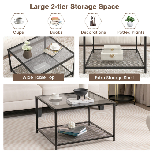 Casart Modern Glass Top Coffee Table Home Square Center Table Accent Sofa Side Table 2
