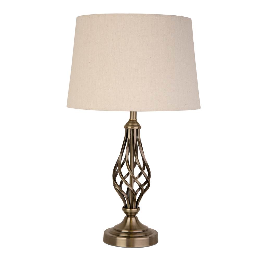 Queenswood Antique Brass Table Lamp with Natural Linen Shade