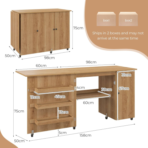 Casart (158 x 50cm) Drop Leaf Sewing Table Foldable Workstation W/ Wheels 1