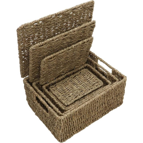 MantraRaj Seagrass Set of 4 Rectangular Lidded Storage Baskets Hand Woven Stackable Multipurpose Kitchen Bathroom With Insert Handles 1