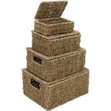 MantraRaj Seagrass Set of 4 Rectangular Lidded Storage Baskets Hand Woven Stackable Multipurpose Kitchen Bathroom With Insert Handles