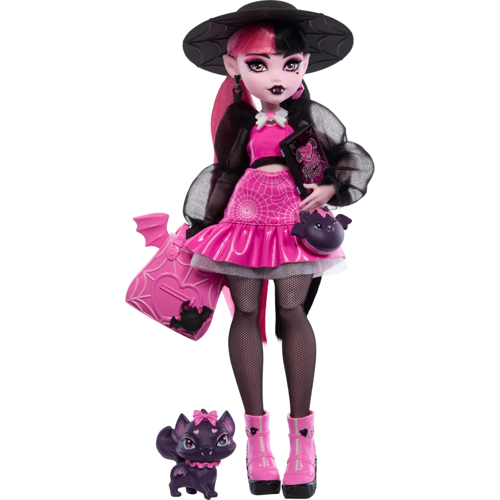 Monster High Draculaura Doll with Pet Bat-Cat Count Fabulous and Accessories like Backpack, Spell Book, Bento Box and More