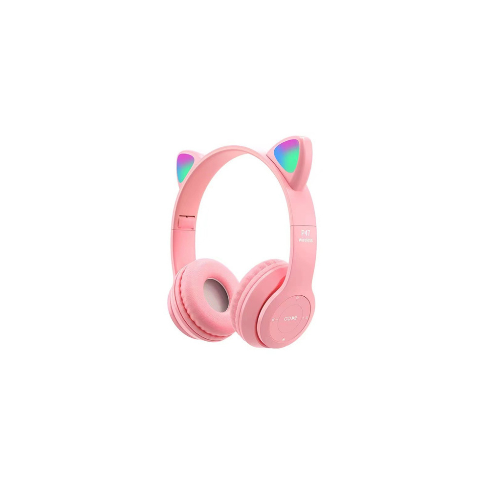 (Pink) Kids Headphones Wireless LED Lights Cat Ear Earphone