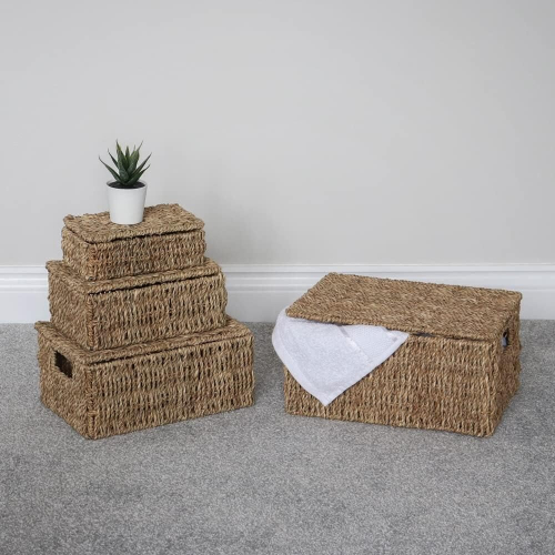 MantraRaj Seagrass Set of 4 Rectangular Lidded Storage Baskets Hand Woven Stackable Multipurpose Kitchen Bathroom With Insert Handles 2