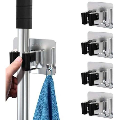 4xSelf Adhesive Wall Mounted Mop Holder Hooks Broom Hanger Spring Clip