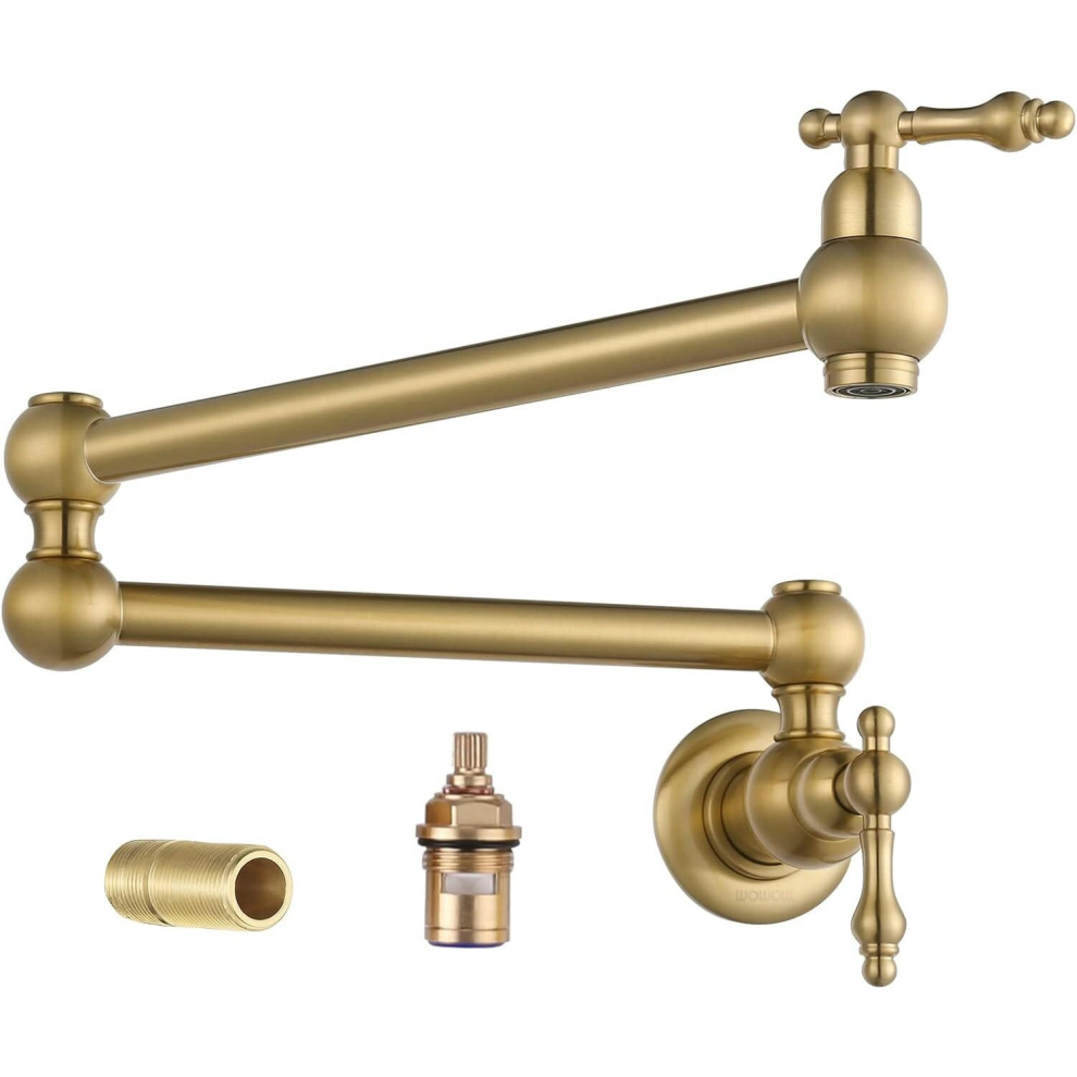 (Brushed Gold) Gold Pot Filler Faucet, Wall Mount Copper Folding Faucet 2 Handle with Double Joint Swing Arms, Single Hole Brass Commercial Kitchen Faucet Over Stove