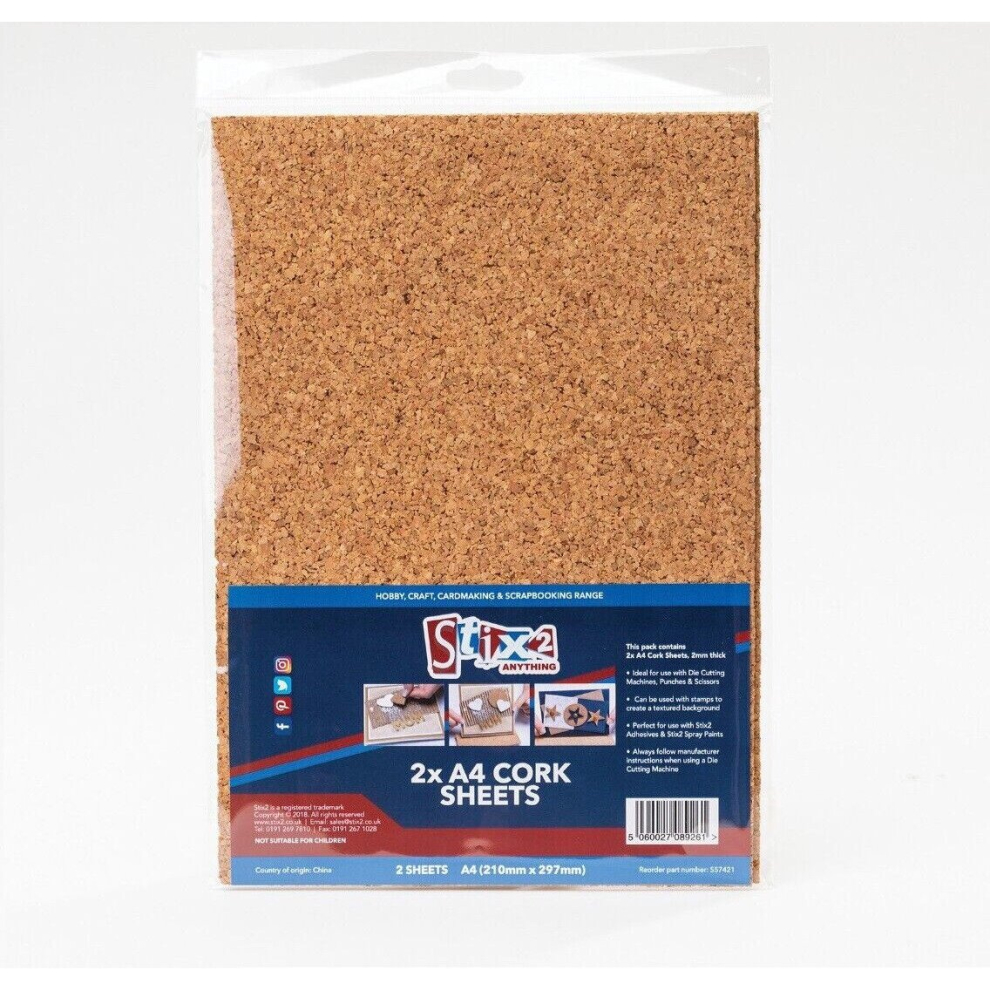 Stix2 Pack Of 2 A4 Cork Sheets Textured 2Mm Thick For Craft Die Cutting Card Making