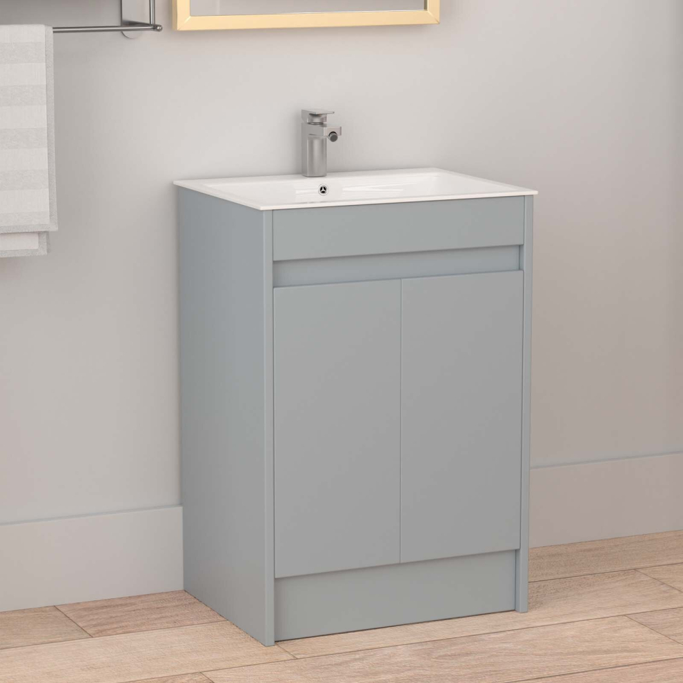 600mm Bathroom Vanity Unit & Basin Sink 100% Waterproof Cabinet Light Grey