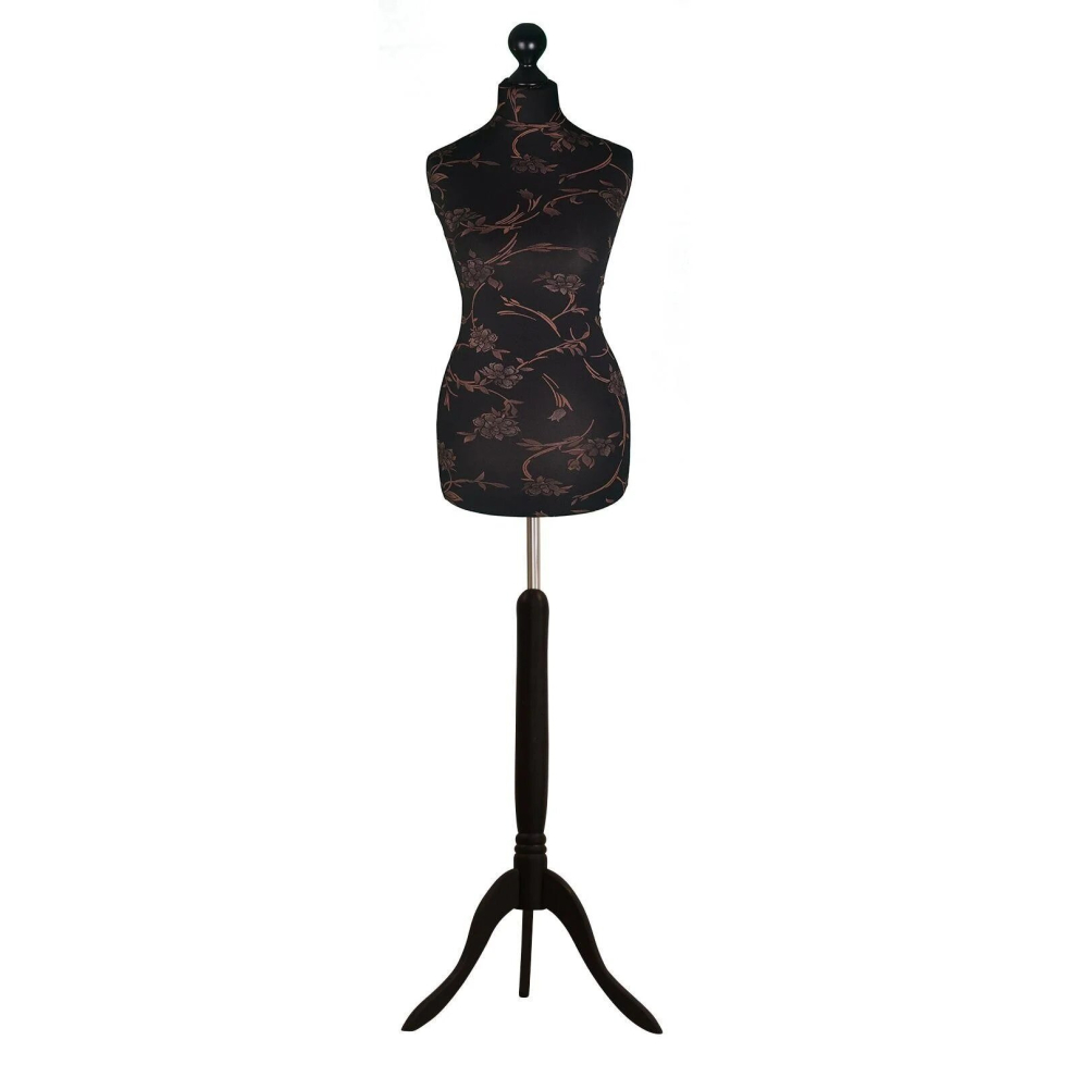 (Female Size 12/14) Female Tailors Dummy Brown Flowers On Black Dressmakers Fashion Students Mannequin Display Bust with A Black Tripod Stand