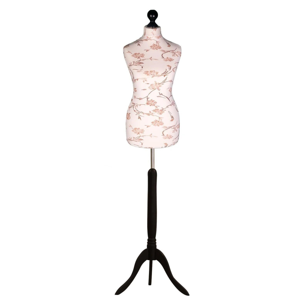 (Female Size 6/8) Female Tailors Dummy Brown Flowers On Cream Dressmakers Fashion Students Mannequin Display Bust with A Black Tripod Stand
