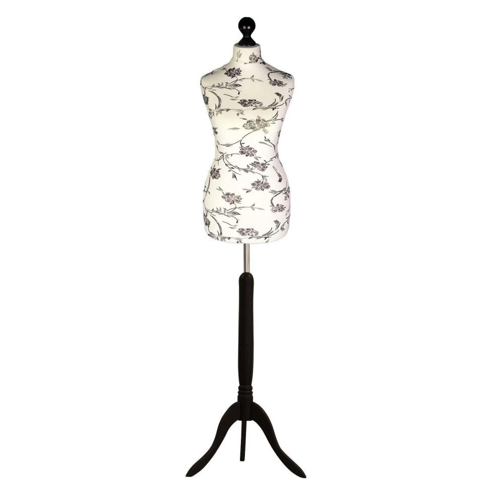 (Female Size 12/14) Female Tailors Dummy Black Flowers On Cream Dressmakers Fashion Students Mannequin Display Bust with A Black Tripod Stand