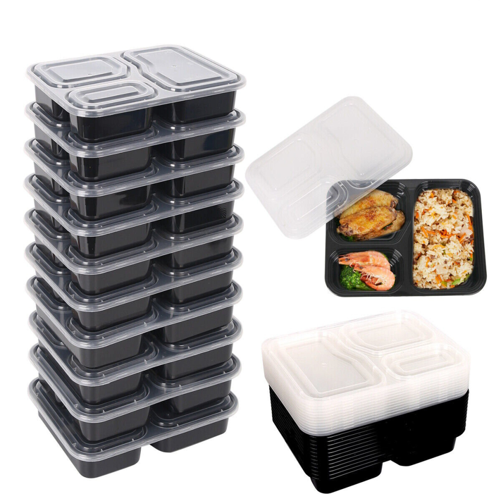 Kabalo 10 Pack 3 Compartment Food Meal Prep Container Microwave Lunch