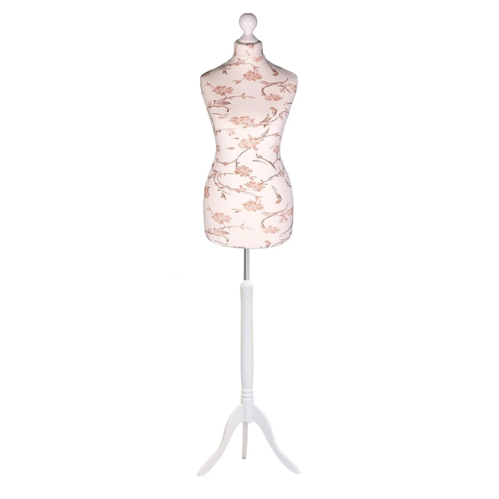 (Female Size 8/10) Female Tailors Dummy Brown Flowers On Cream Dressmakers Fashion Students Mannequin Display Bust with A White Tripod Stand