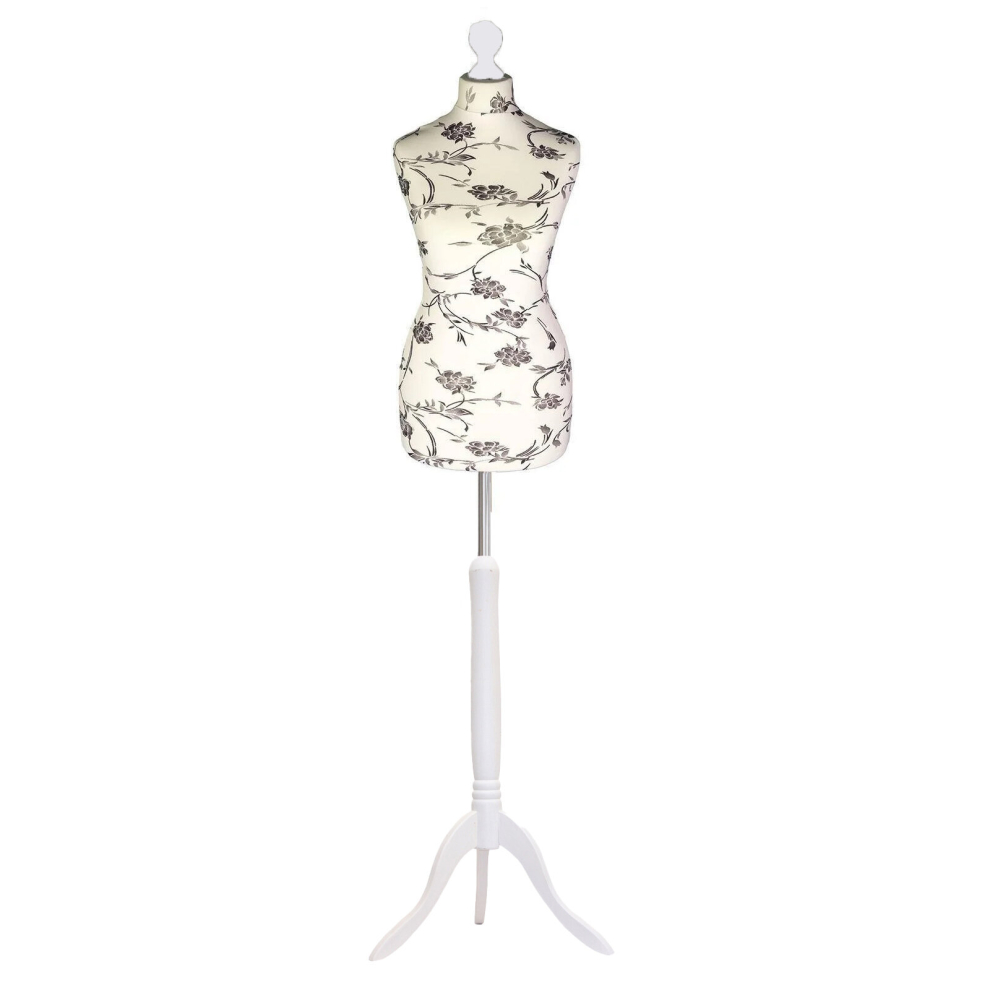 (Female Size 14/16) Female Tailors Dummy Black Flowers On Cream Dressmakers Fashion Students Mannequin Display Bust with A White Tripod Stand