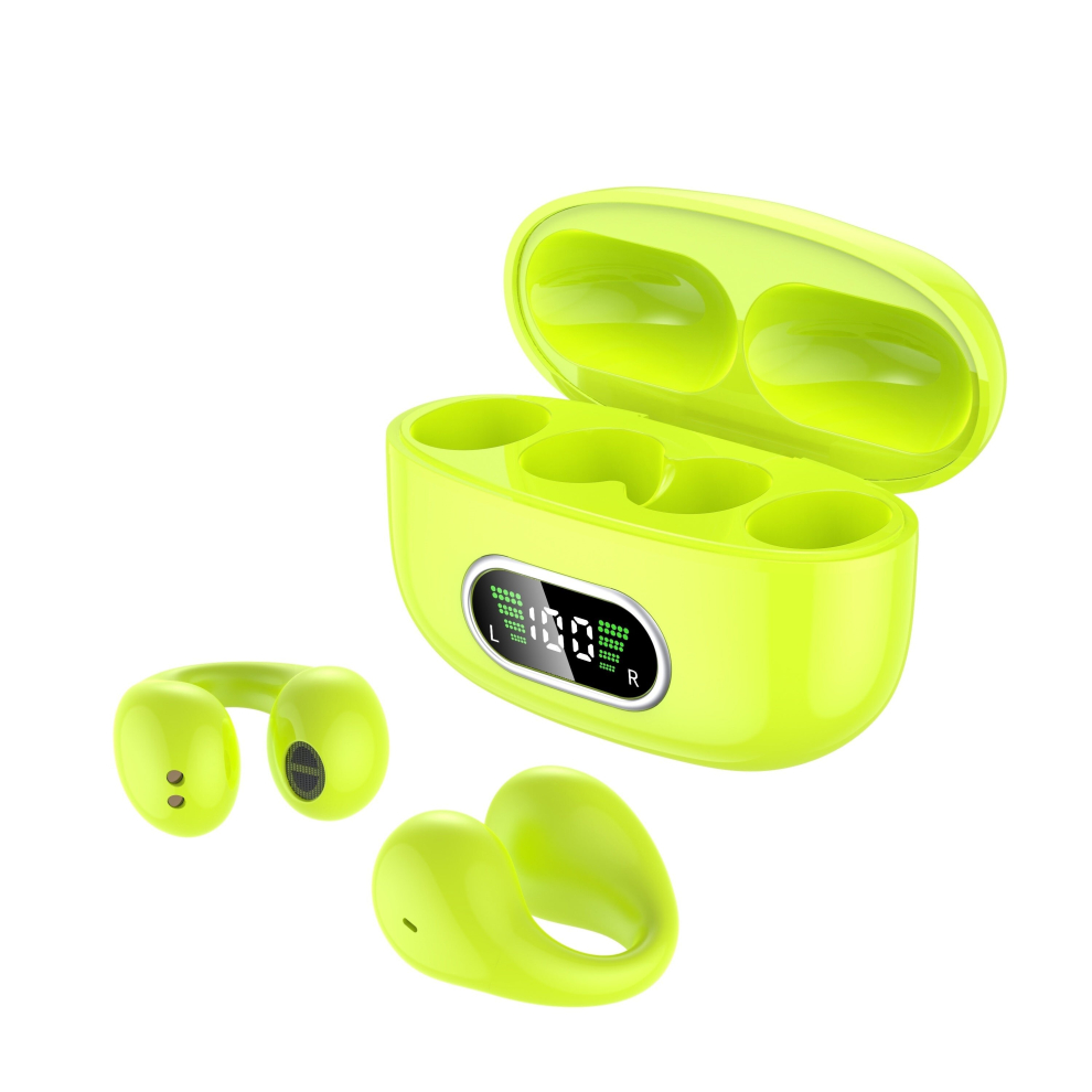 (Green) Long Battery Life Wireless Earphones Clip Ear HD Non-In-Ear For iPhone Android Universal Digital Display Earphones Stereo Sound