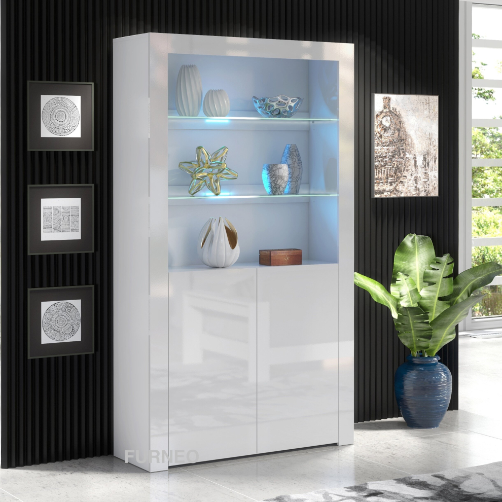 (White LED Lights) White Display Cabinet Cupboard Gloss & Matt Clifton20 LED Lights