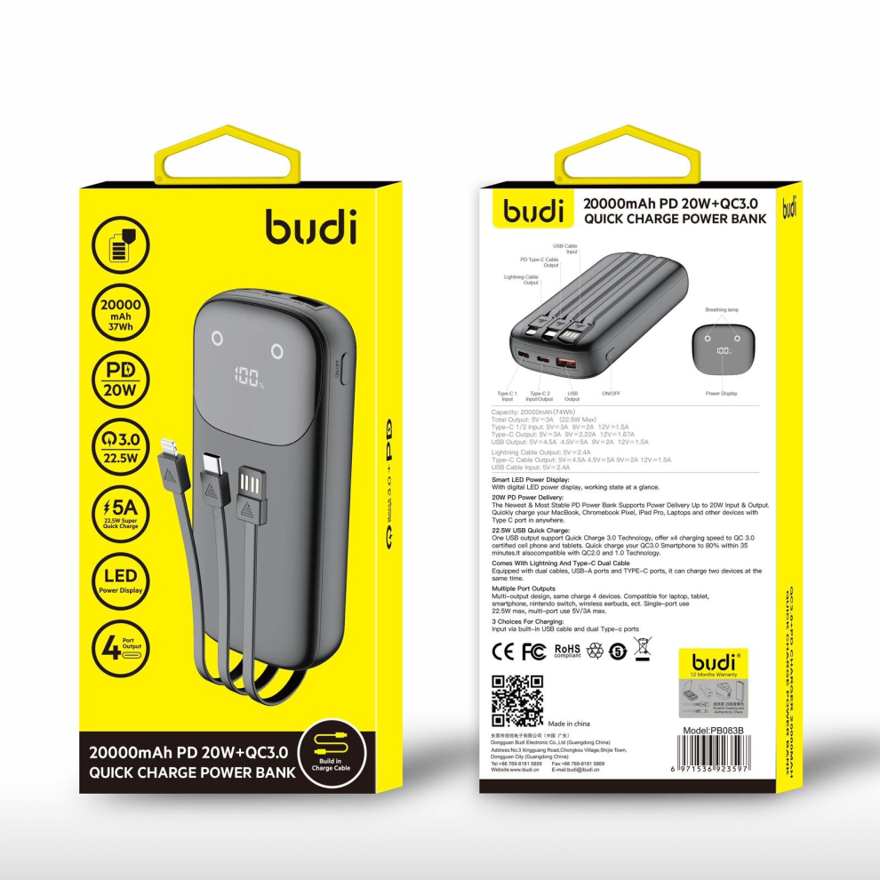 Budi 20000Mah Pd 20W+Qc3.0 Quick Charge Power Bank 6971536923597