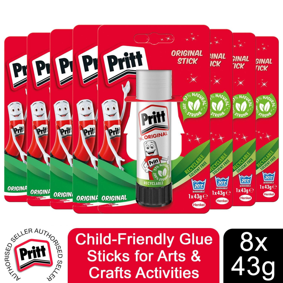 Pritt Child-Friendly Glue Sticks for Arts & Crafts 43g, 8 Sticks