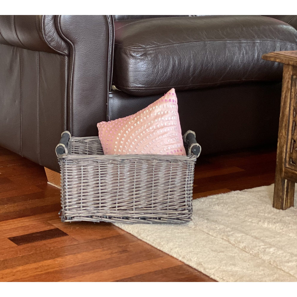 (Grey, Medium) Kitchen Log Fireplace Wicker Storage Basket Hamper