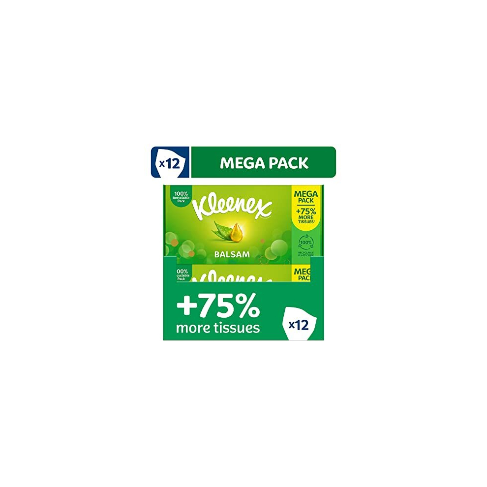 Kleenex Balsam Tissues, Mega Pack - 1,344 Sheets (12 Boxes X 112 Sheets) - Balm Tissues Protect And Soothe Your Nose When You've Got A Cold