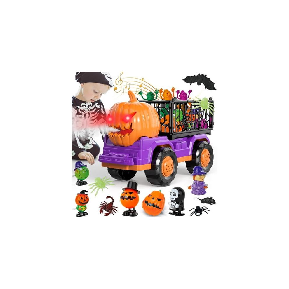 Trucks Toys for 2 3 4 5 6 Year Old Boys, Halloween Wind Up Toys for Toddlers, Toddler Boy Toys Halloween Birthday Gift Car Sets with Light Sound