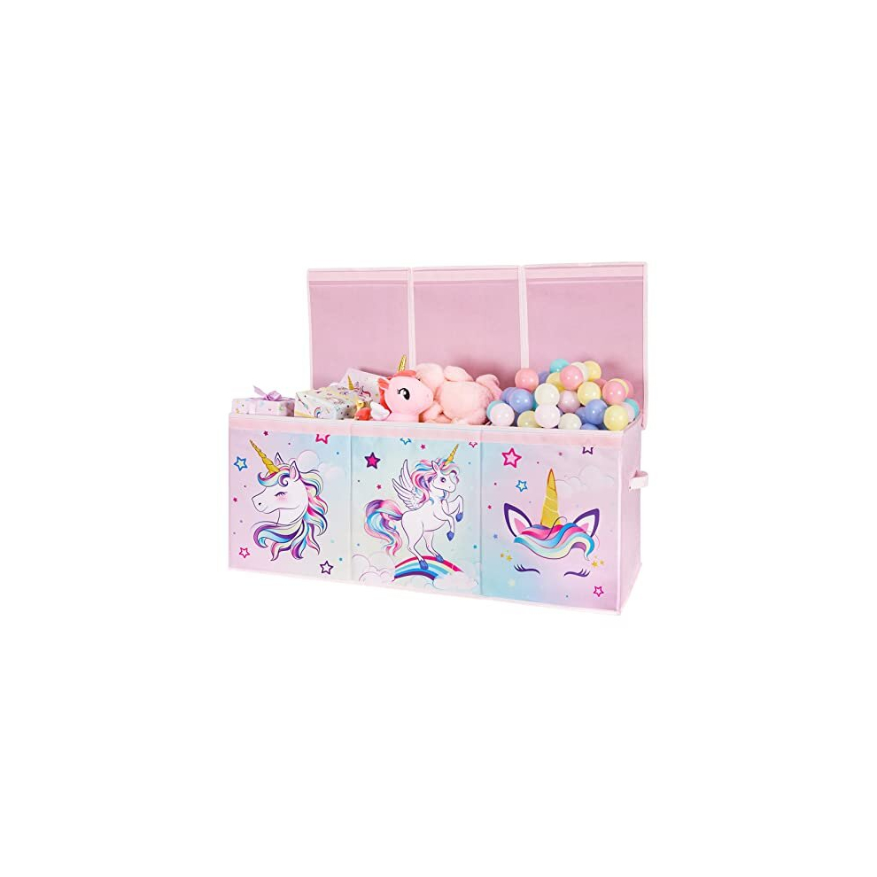 Unicorn Toy Box - Large Toy Storage Organizer with Flip-Top Lid Collapsible Sturdy Pink Toy Chest with Handles 96 x 32 x 40 cm for Kids Girls Closet