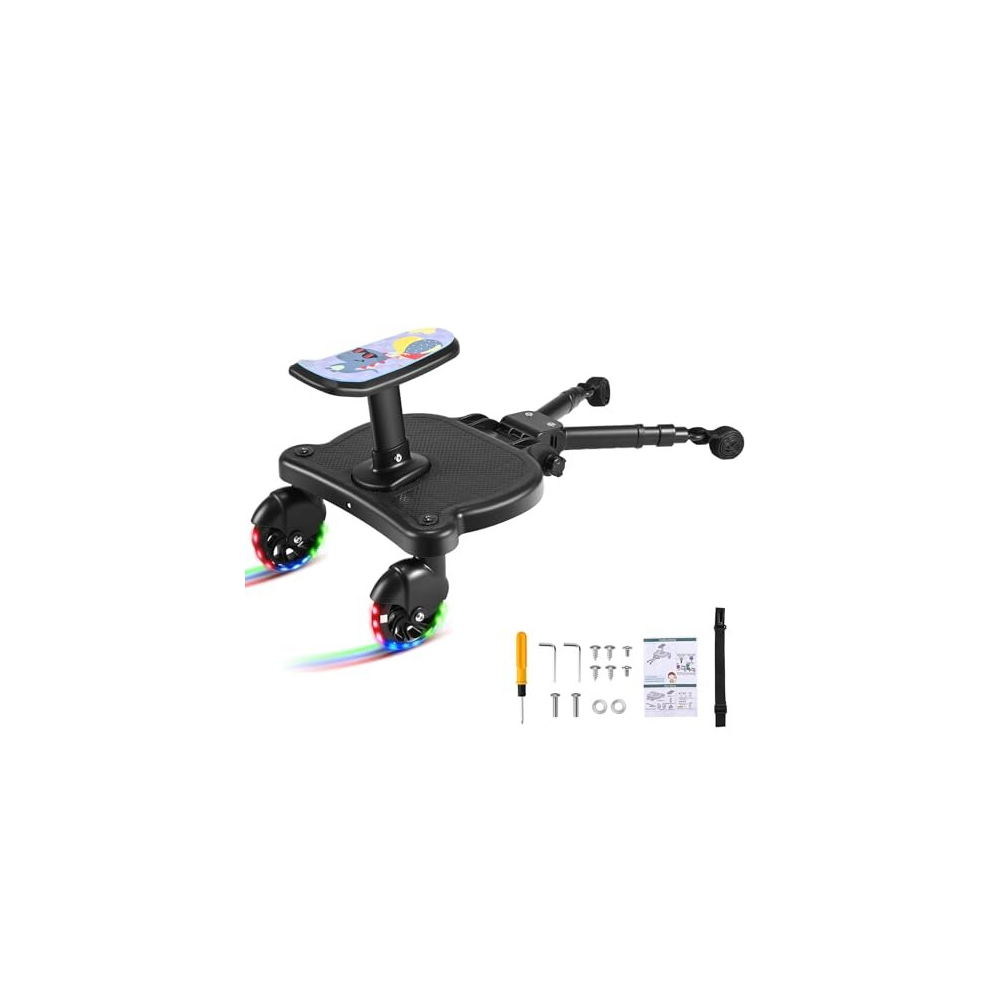 Buggy Board With Led Wheels, Universal Kiddy Board With Flash Wheels, Stroller Board With Detachable Seat, Compatible With Over 99% Of Pushchairs, For Bugykido