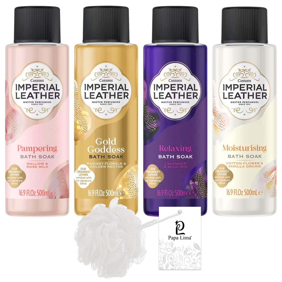 Imperial Leather Bath Soak Set - 4 x 500ml (Gold Goddess, Cotton and Vanilla, Mallow and Rose Milk, Lavender and Iris) with Body Puff from Papa Lima