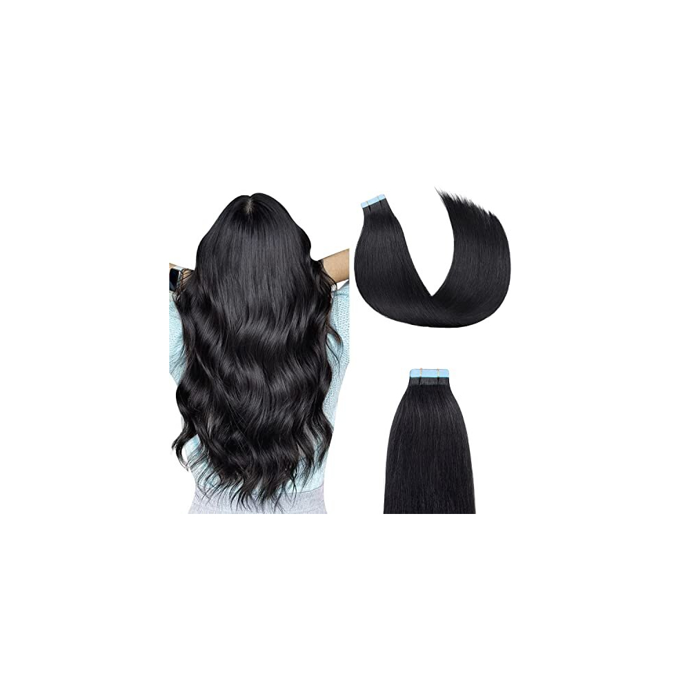 Agmity Tape In Hair Extensions Human Hair Jet 16 Inches 20Pcs 40G/Pack Invisible Straight Seamless Skin Weft Remy Hair Extensions Tape In Human Hair(16 Black