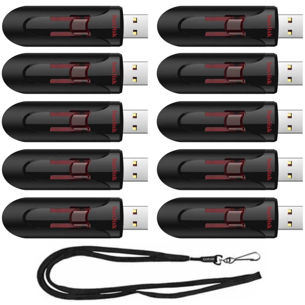 SanDisk 64gB (10 Pack) cruzer glide USB 30 Flash Drive SDcZ600-064g Bundle with (1) goRAM Black Lanyard (64gB, 10 Pack)