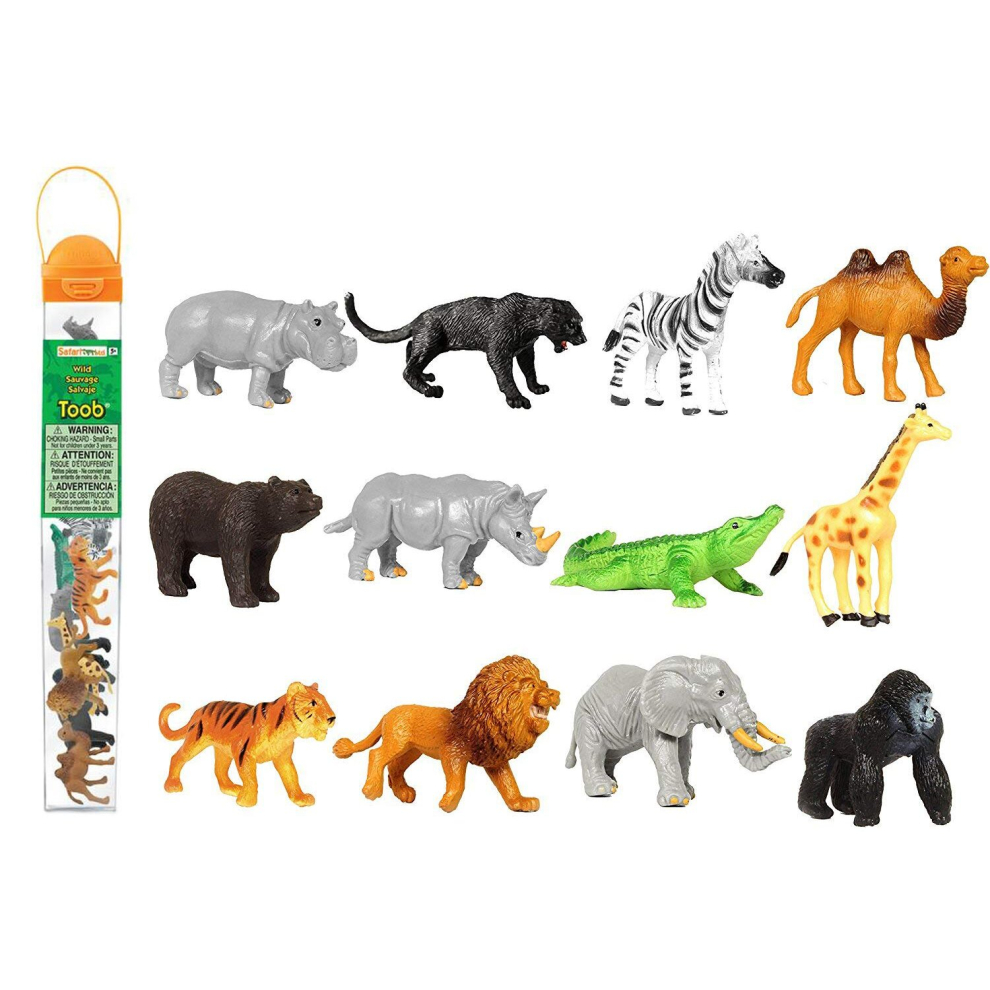 Safari Ltd. Wild TOOB - 12 Mini Figurines: Giraffe, Bear, Tiger, Camel, Lion, Crocodile, Gorilla, Hippo, Rhino, Zebra, Panther, Elephant - Educationa