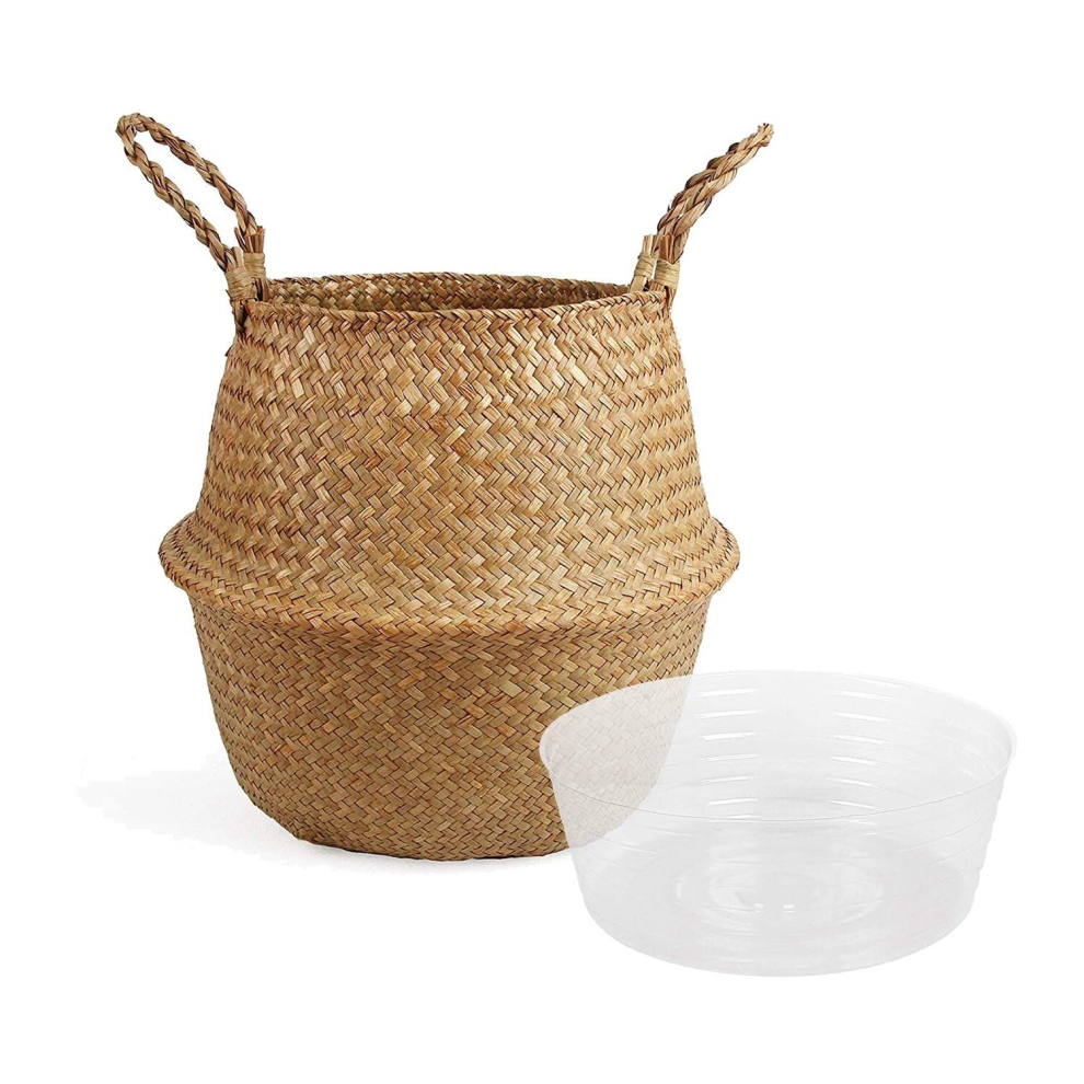 Woven Seagrass Belly Basket with Handles for Storage Plant Pot Basket ,Toy, Laundry, Picnic Basket with Plastic Tray (M)