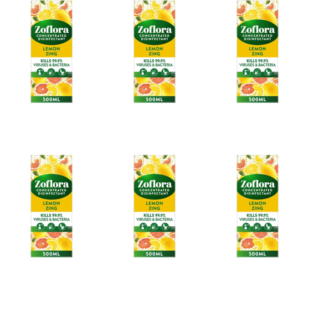 Zoflora Concentrated Antibacterial Disinfectant, 3 in 1 Lemon Zing 500ml (Pack of 6)