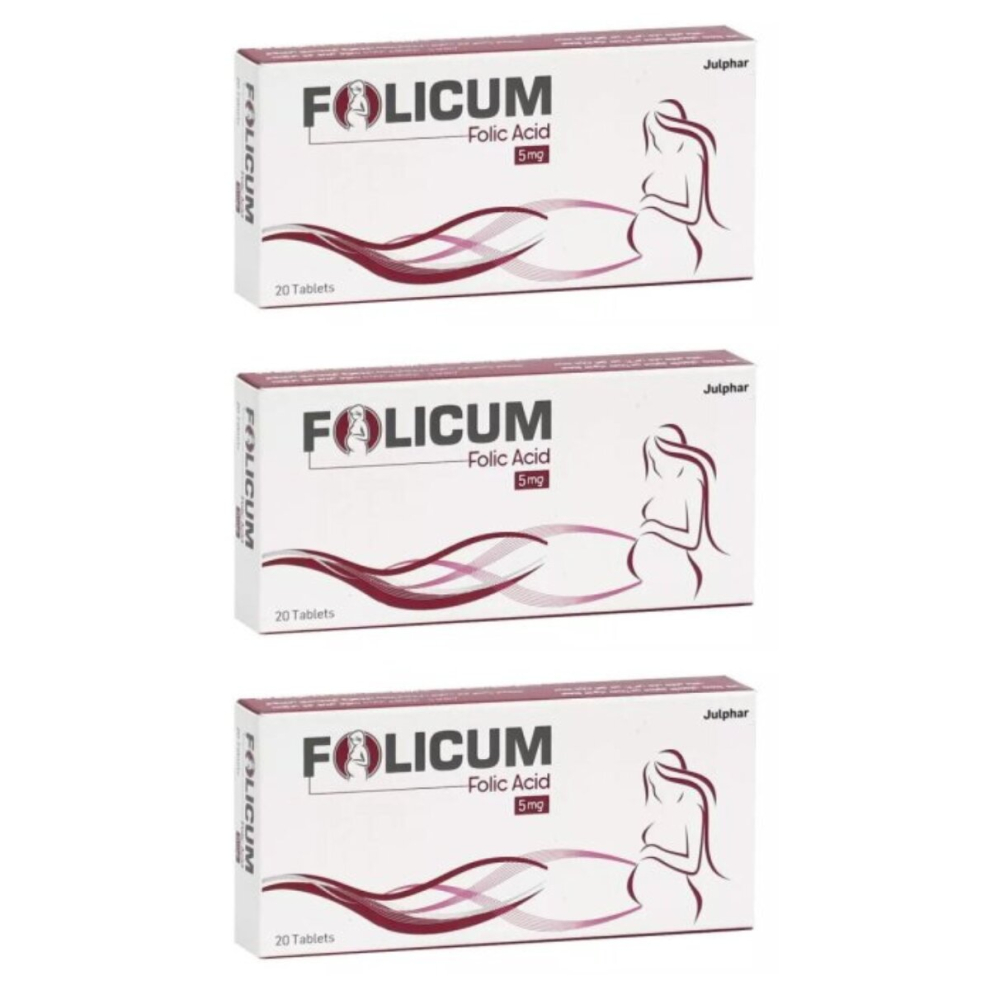 Folicum 5mg Tablets Comprehensive Folate Supplement for Vital Health Support (Pack of 3 Boxes) - 20 Tablets Each Box