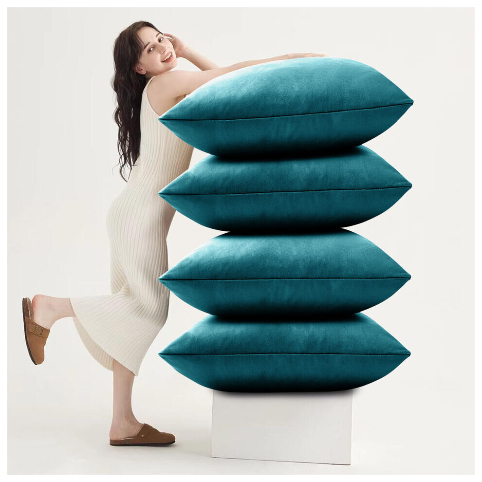 (Teal Plain , Pack of 4) Velvet Cushion Covers Plain & Stripe Patterned Cushion Covers Set Pack of 2 & 4