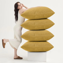 (Ochre Mustard Patterned , Pack of 4) Velvet Cushion Covers Plain & Stripe Patterned Cushion Covers Set Pack of 2 & 4