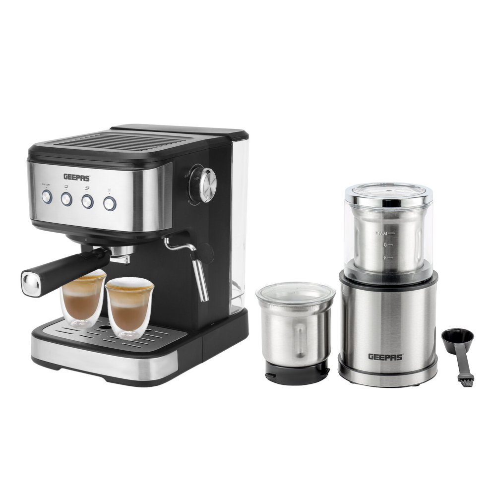 (Silver & Black) Geepas Coffee Machine & 200W Coffee Grinder Combo